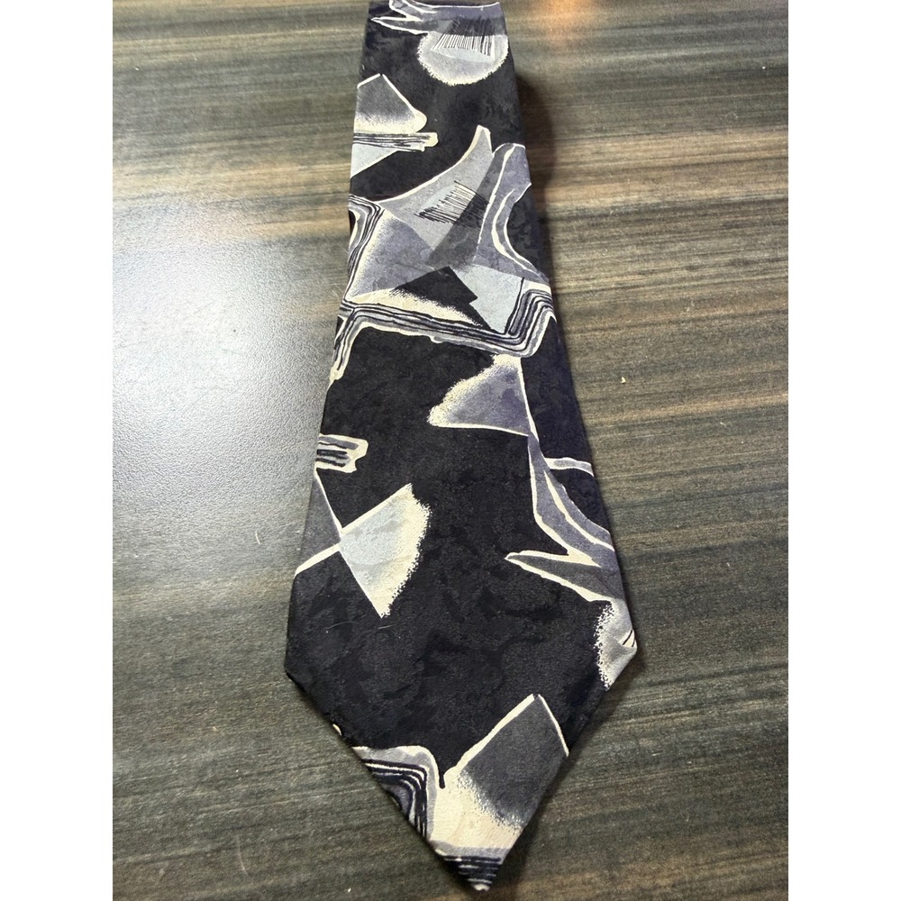 Oscar de la Renta Couture Collection Silk Tie Black Grey Abstract Geometric USA